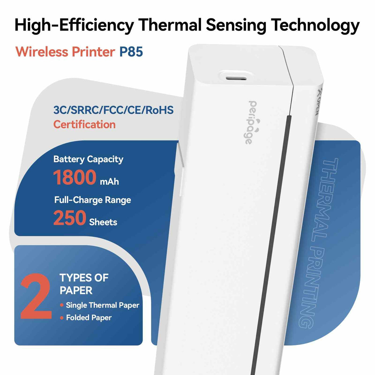 P85 Portable Thermal A4 Printer – 203/304DPI, 1800mAh Battery, Wireless, Inkless