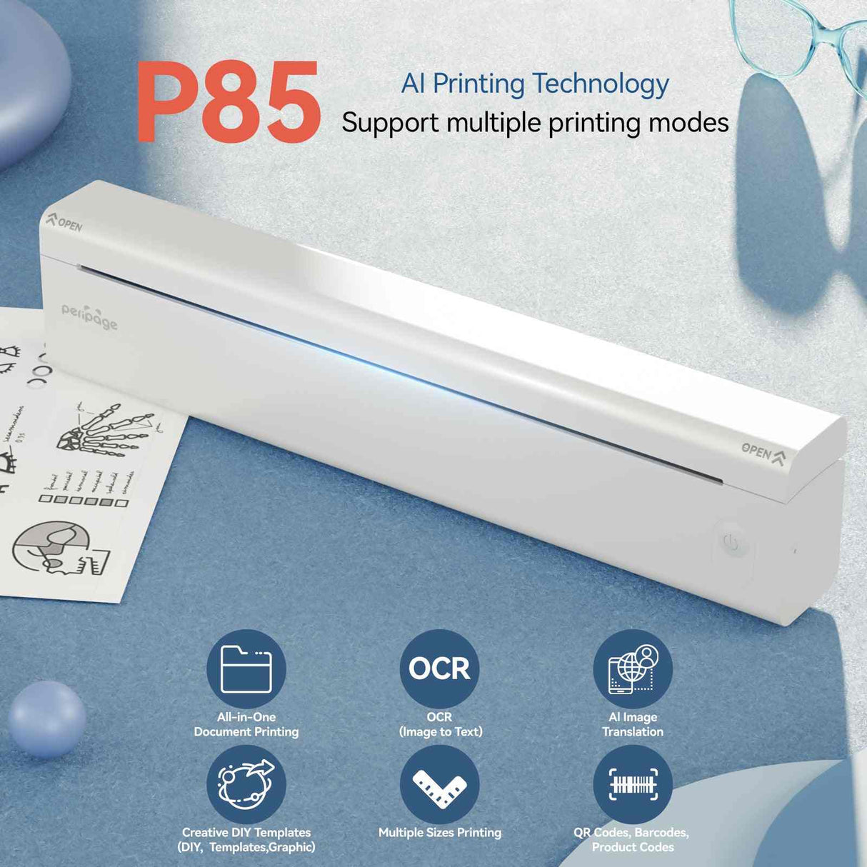 P85 Portable Thermal A4 Printer – 203/304DPI, 1800mAh Battery, Wireless, Inkless