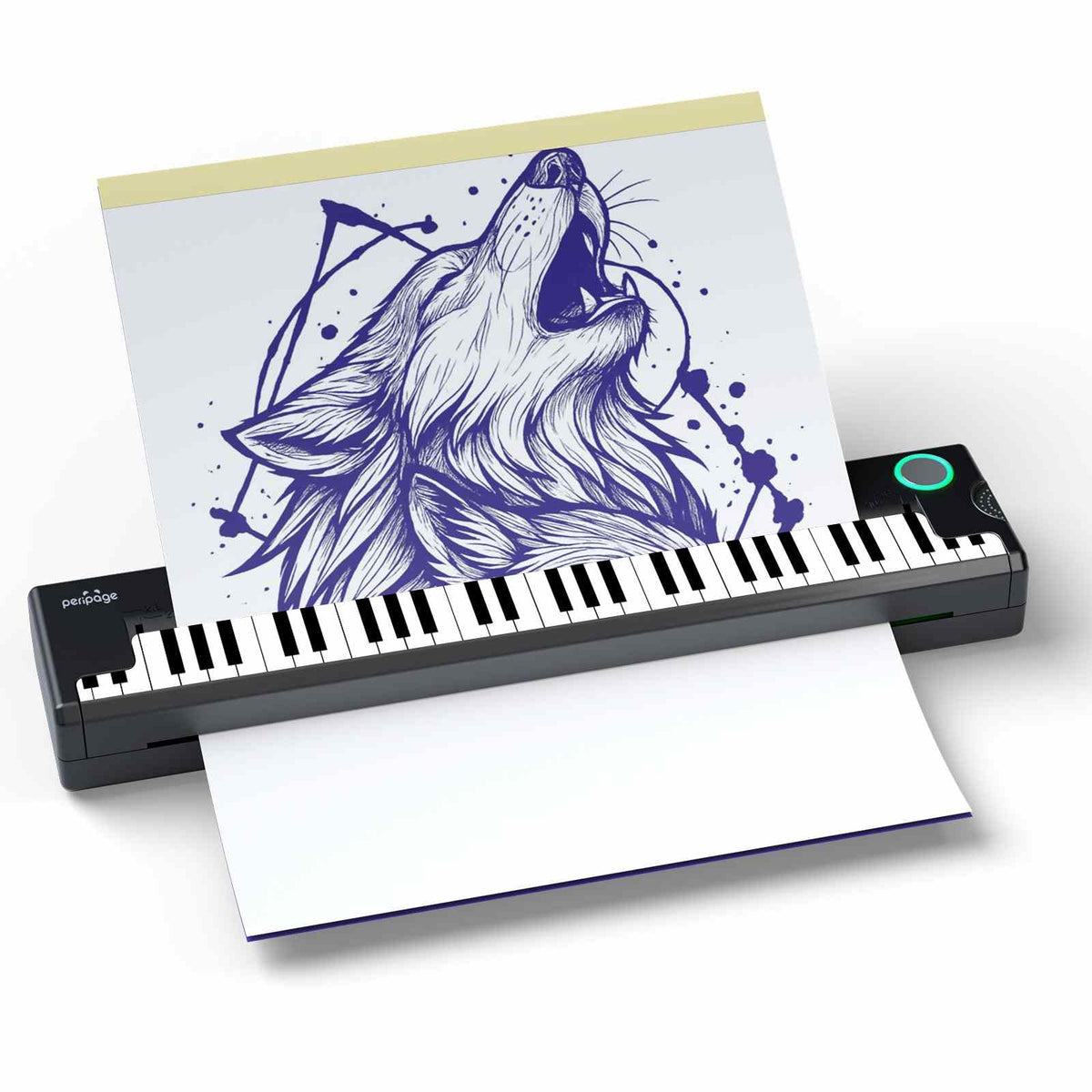Pino Wireless Tattoo Stencil Printer in black with piano key design printing a blue wolf stencil on white paper with yellow top border