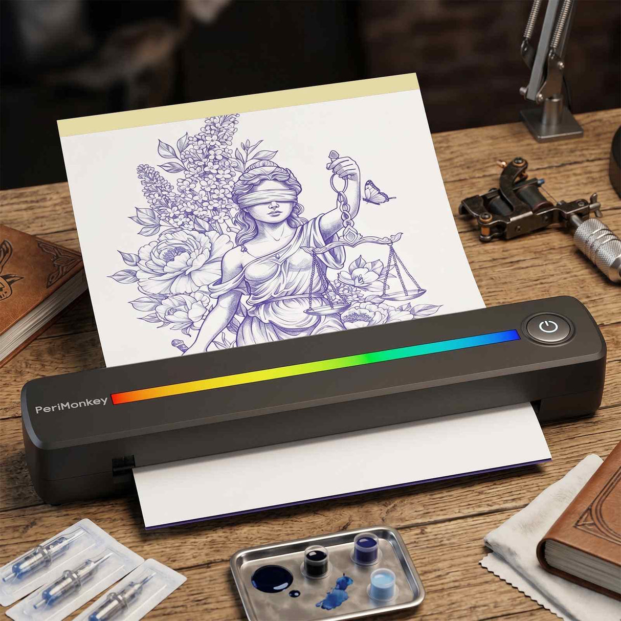 เครื่องพิมพ์ลายฉลุรอยสัก P91s AI – แปลงรูปภาพเป็นลายฉลุ, 304DPI, ไร้สาย, สำหรับศิลปินและสตูดิโอ