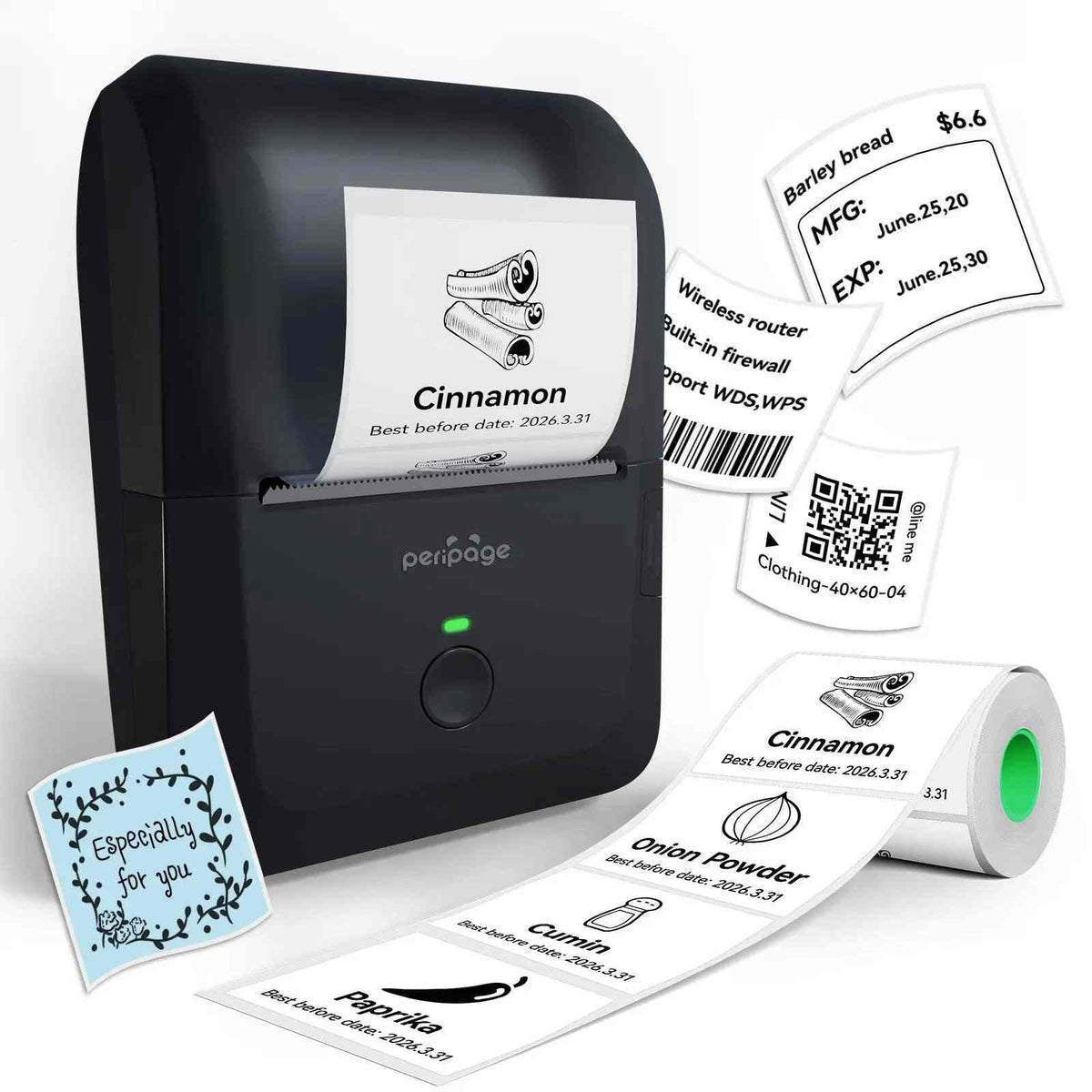 PB20 Bluetooth Label Printer in black with compact design printing white thermal labels featuring text and icons for cinnamon, spices, and QR codes.