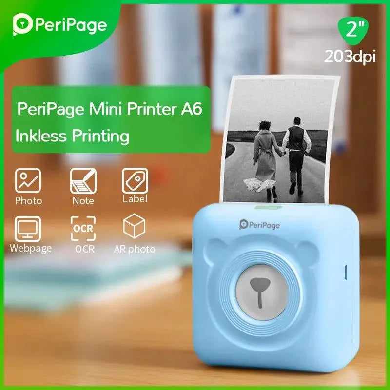 PeriPage 2" A6 Mini Printer in Yellow, with printed photo showing portable inkless printing and wireless connectivity"