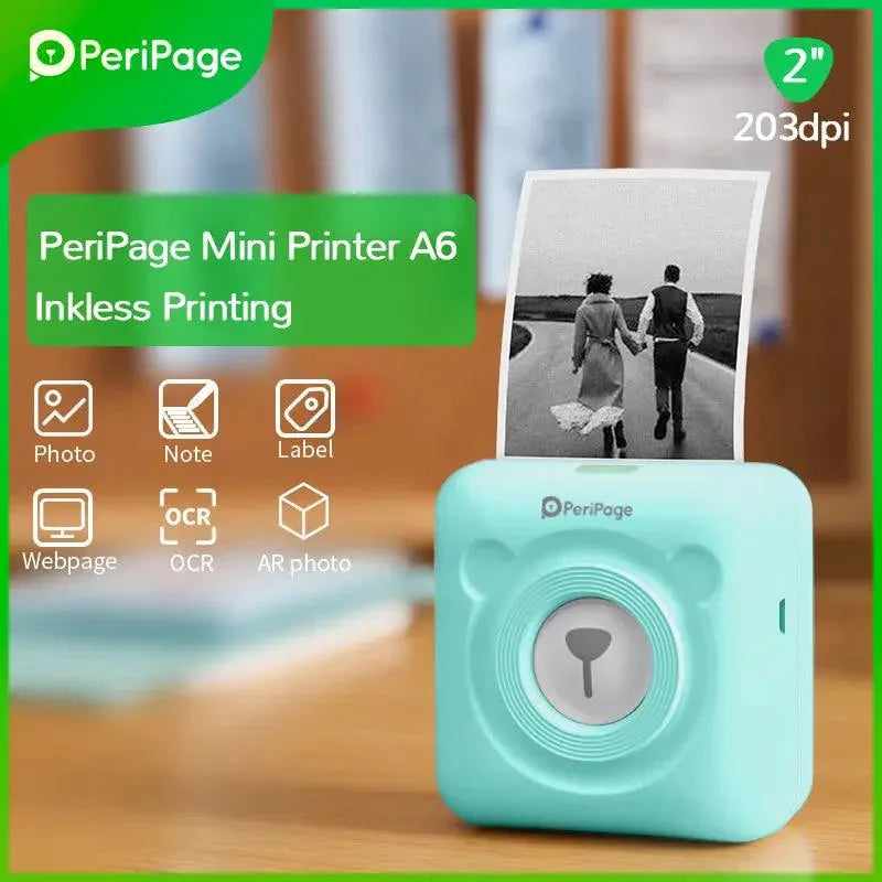 PeriPage 2" A6 Mini Printer in green, portable wireless printer for photos, labels, and notes, featuring OCR functionality with 203 dpi resolution