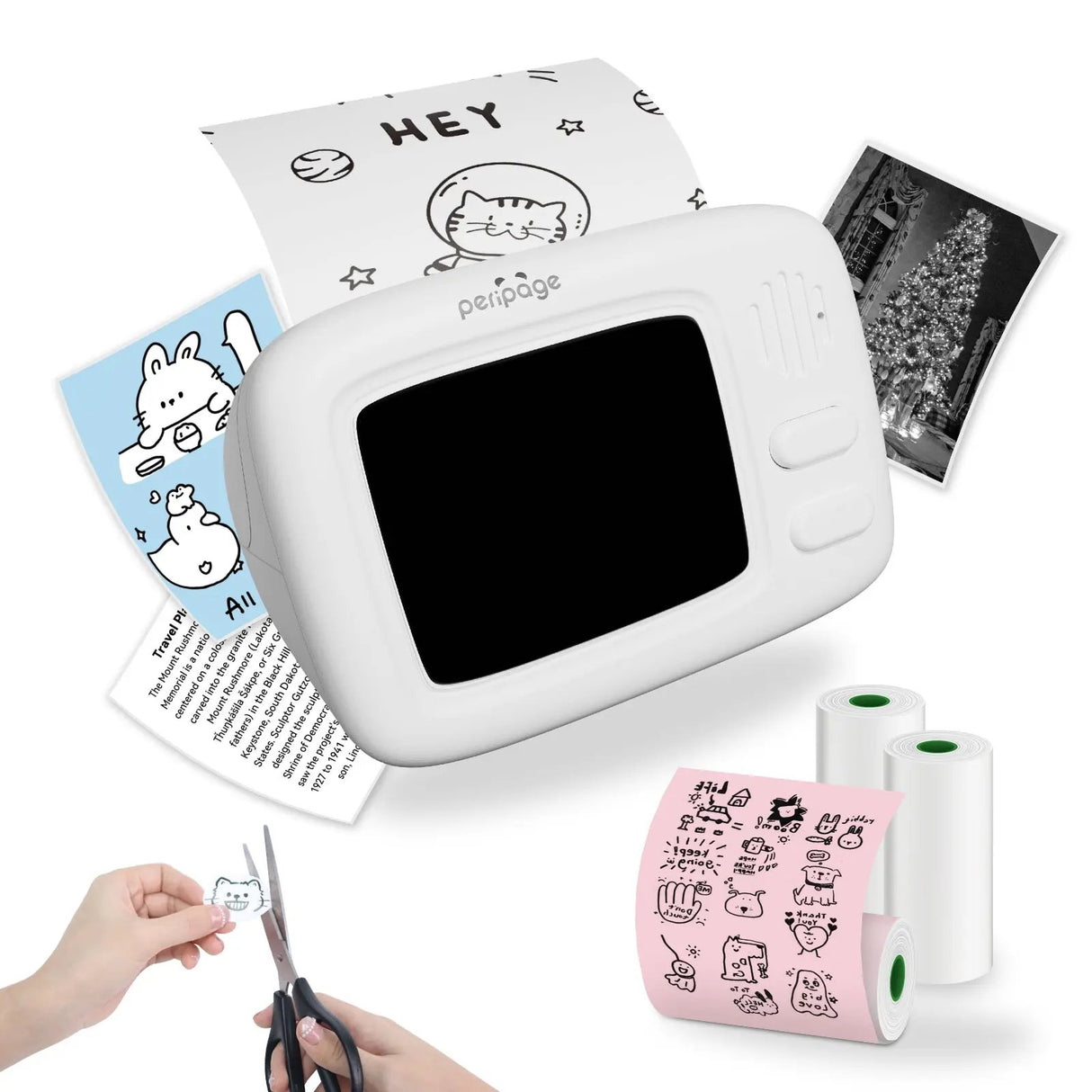 PeriPage A2 Portable Thermal Printer prints notes and photos, perfect for home or office use. Multiple prints displayed on the wall for decoration