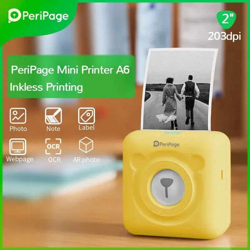 PeriPage 2" A6 Mini Printer in yellow, showing photo printing functionality with a photo of a couple, displaying 203dpi resolution