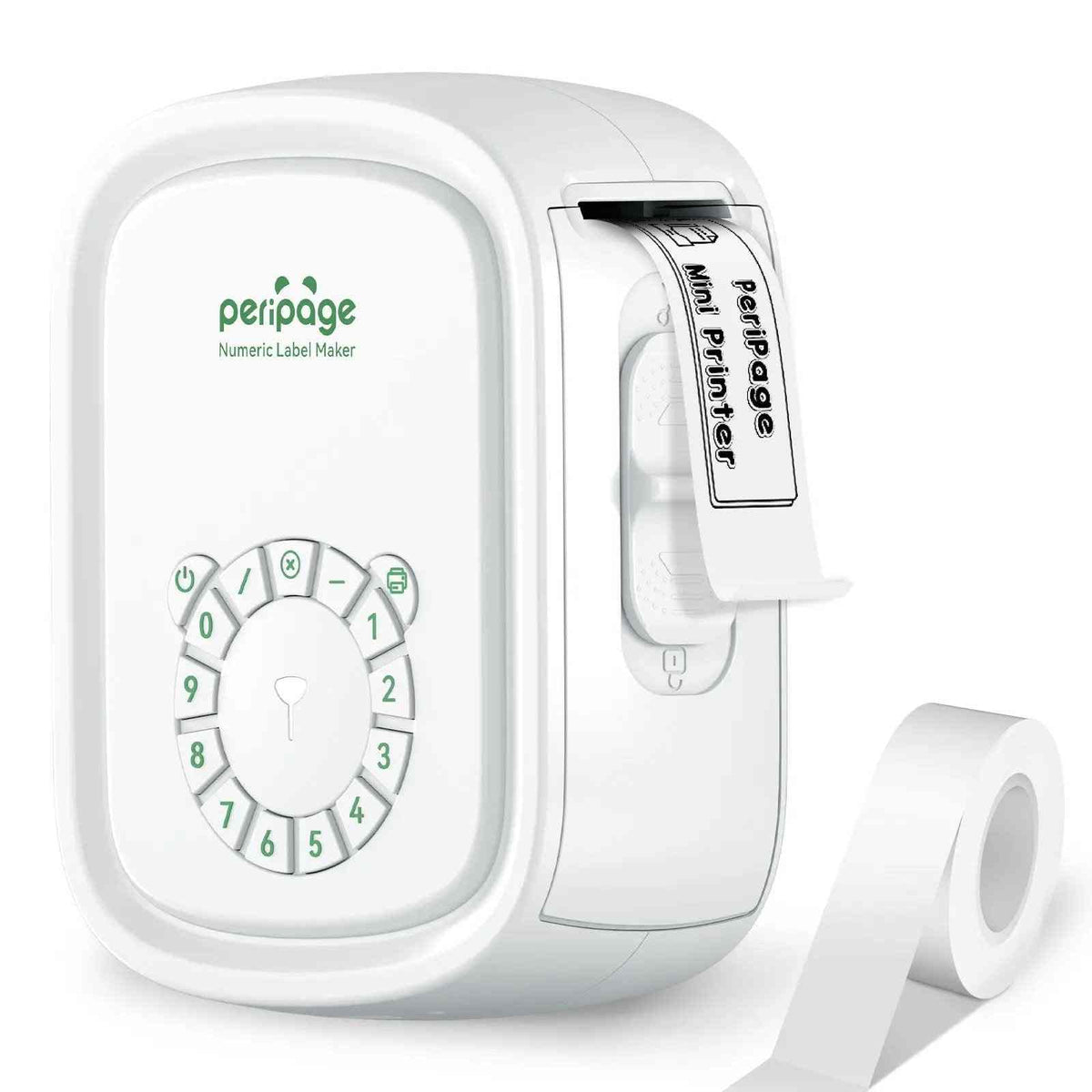 PeriPage P10 Pro white numeric label maker with circular keypad and printed black text label coming out