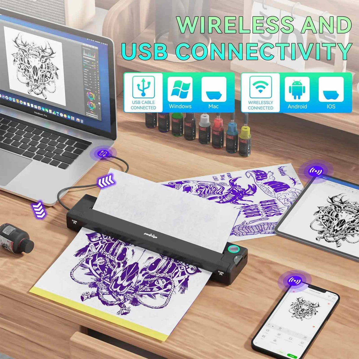 Tattoo artist using PeriPage P90 Tattoo Stencil Printer in studio, showing Bluetooth and USB connection options for Android, iOS, Windows, and Mac devices.
