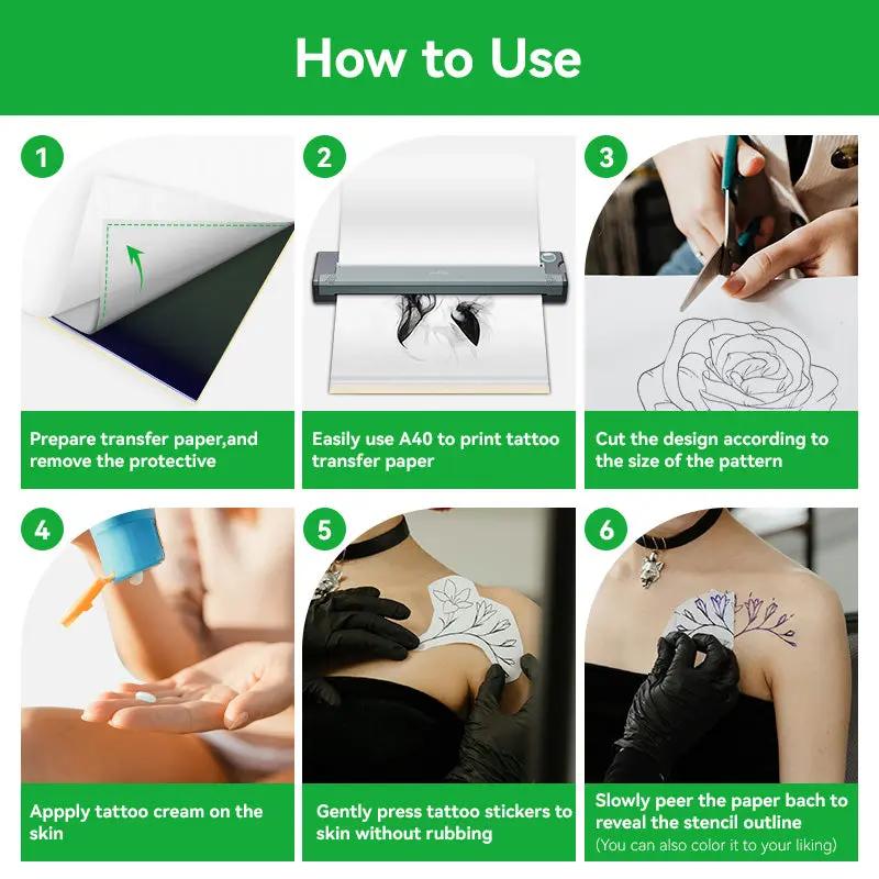 PeriPage Tattoo Transfer Paper for Wireless Tattoo Printer (P90, P90Pino), illustrating the step-by-step process of applying the tattoo transfer paper onto the skin