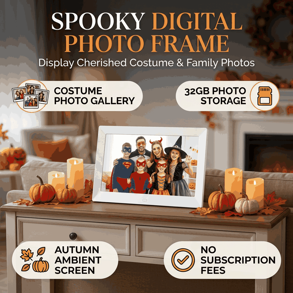 Spooky Digital Photo Frame mode infographic showing family in Halloween costumes