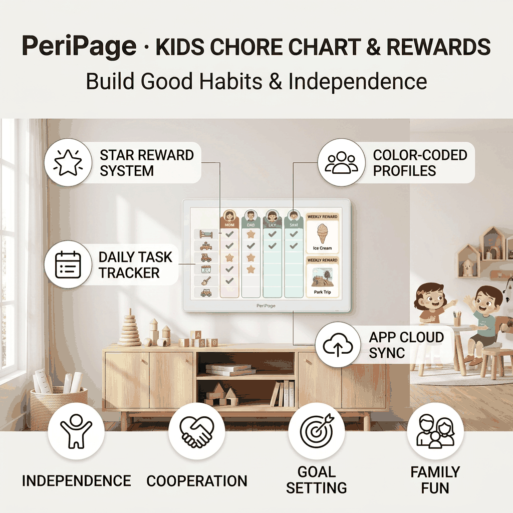 PeriPage Kids Chore Chart and Rewards infographic with star reward system and task tracker
