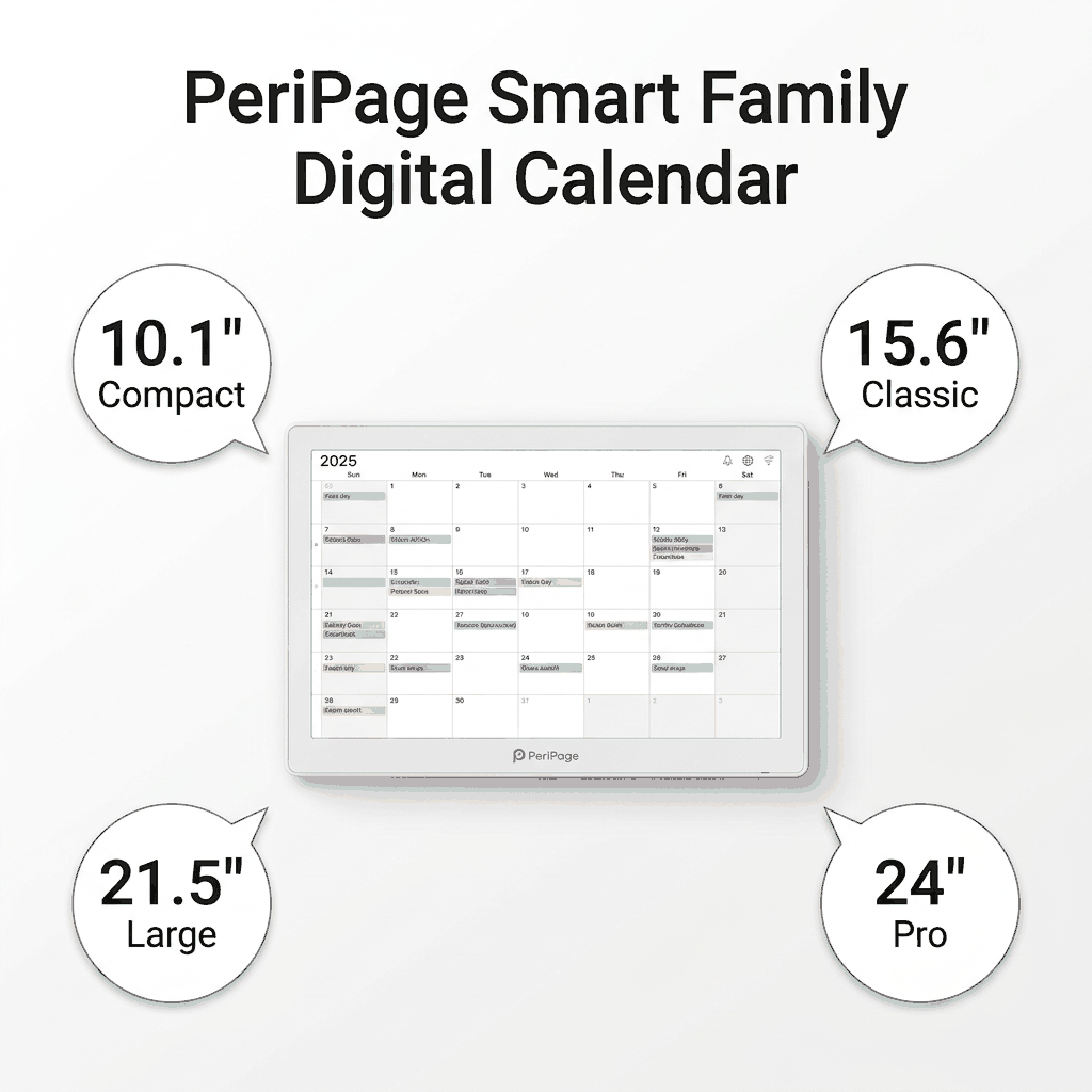 PeriPage Smart Family Digital Calendar Hero White Background with 4 Sizes callouts