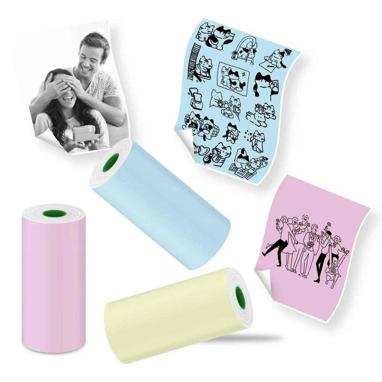PeriPage Color Sticky Thermal Paper for A9, featuring pastel colors in blue, pink, and yellow, with 3 rolls of 3.6m each per box