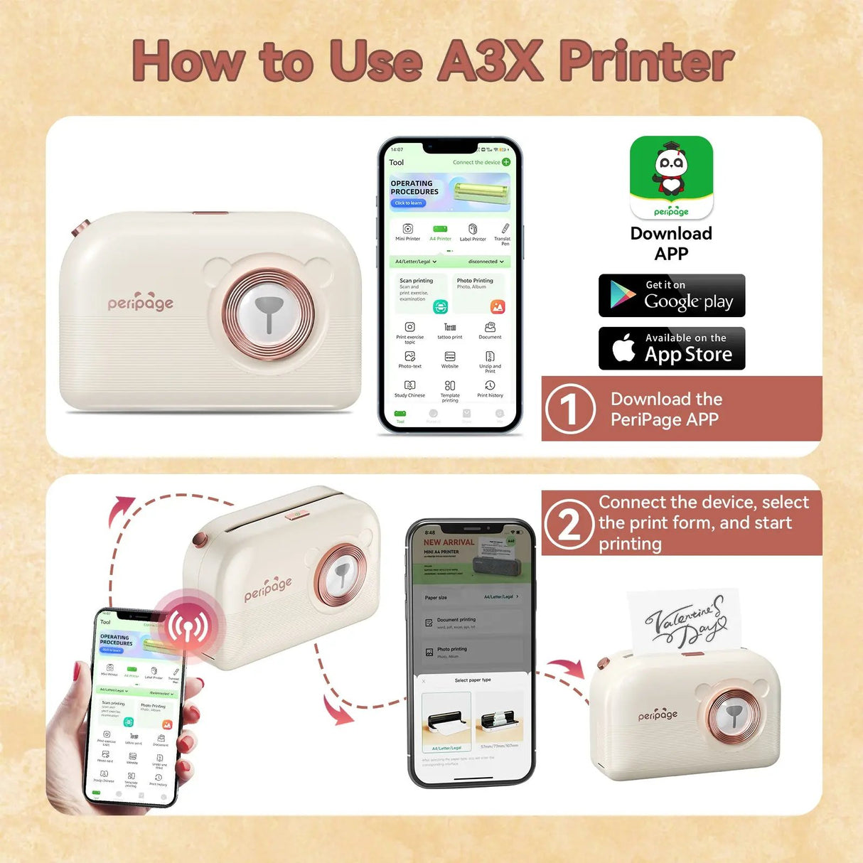 PeriPage A3X Mini Pocket Thermal Printer connected to smartphone via Bluetooth, easy mobile wireless printing with app control.