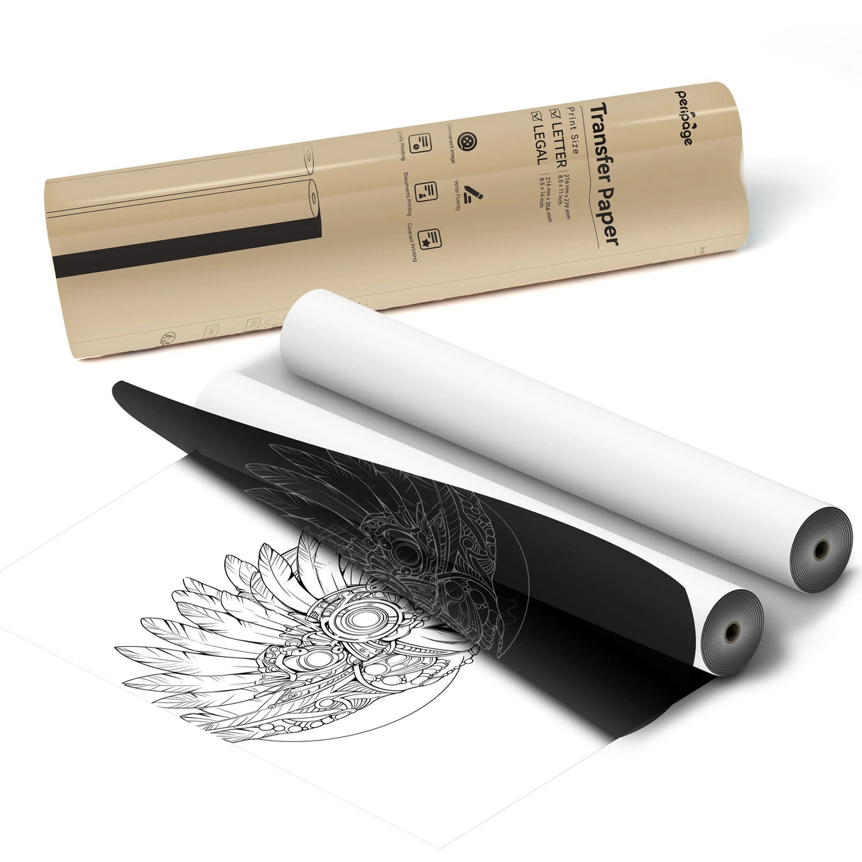 PeriPage A4 Transfer Paper rolls on a desk beside books, showing fade-less and ink-less printing feature.