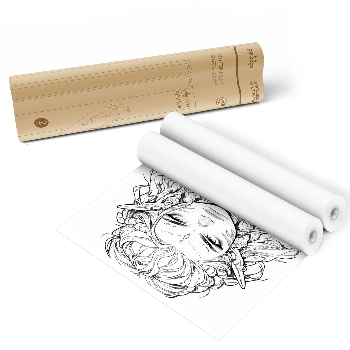 Technical specifications and size chart for PeriPage A40 thermal paper, showing compatible dimensions including Letter and Legal size rolls.