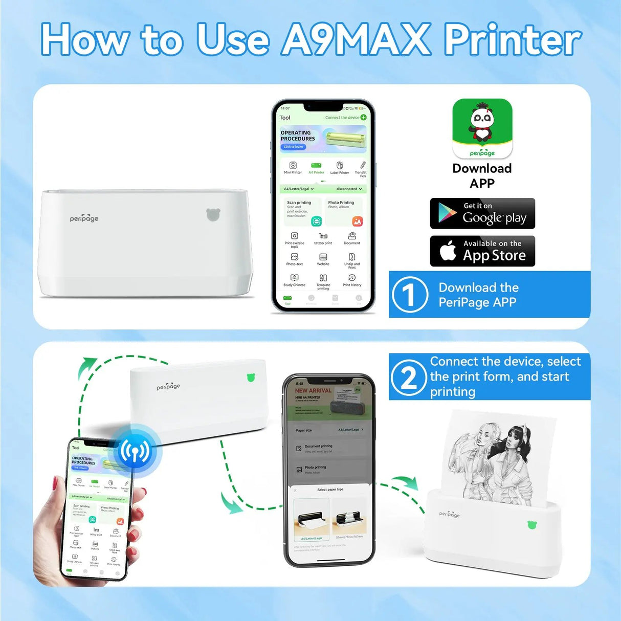 PeriPage A9 Max thermal printer showing compatible paper roll sizes 2-inch, 3-inch, and 4-inch for versatile printing