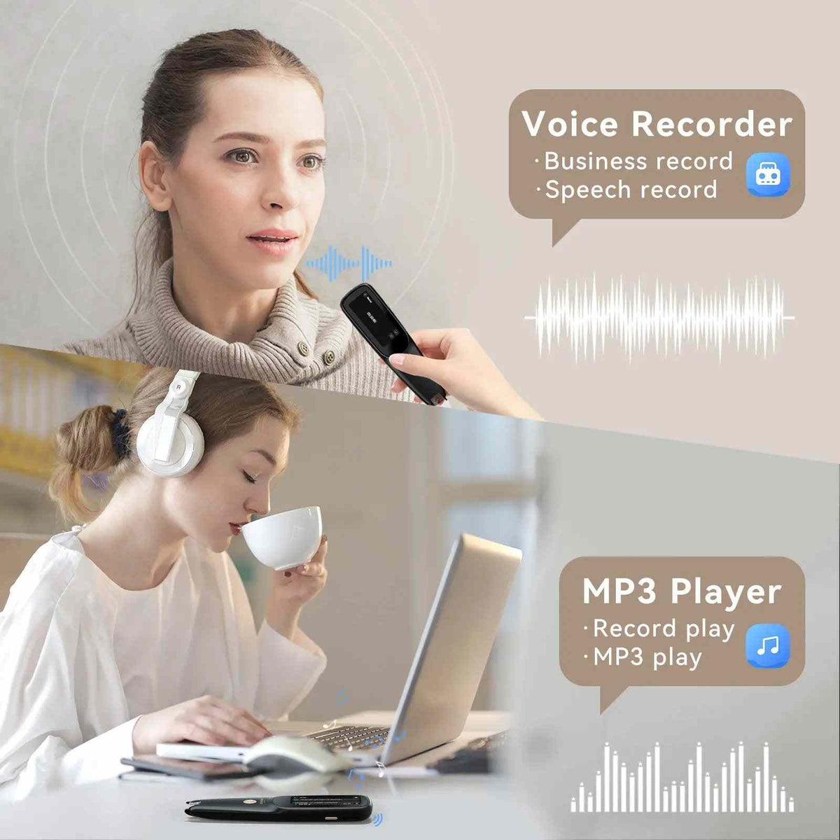 The PeriPage D2S Pen Functions as a Voice Recorder for Business/Speech and an MP3 Player for Recording Playback and Music.