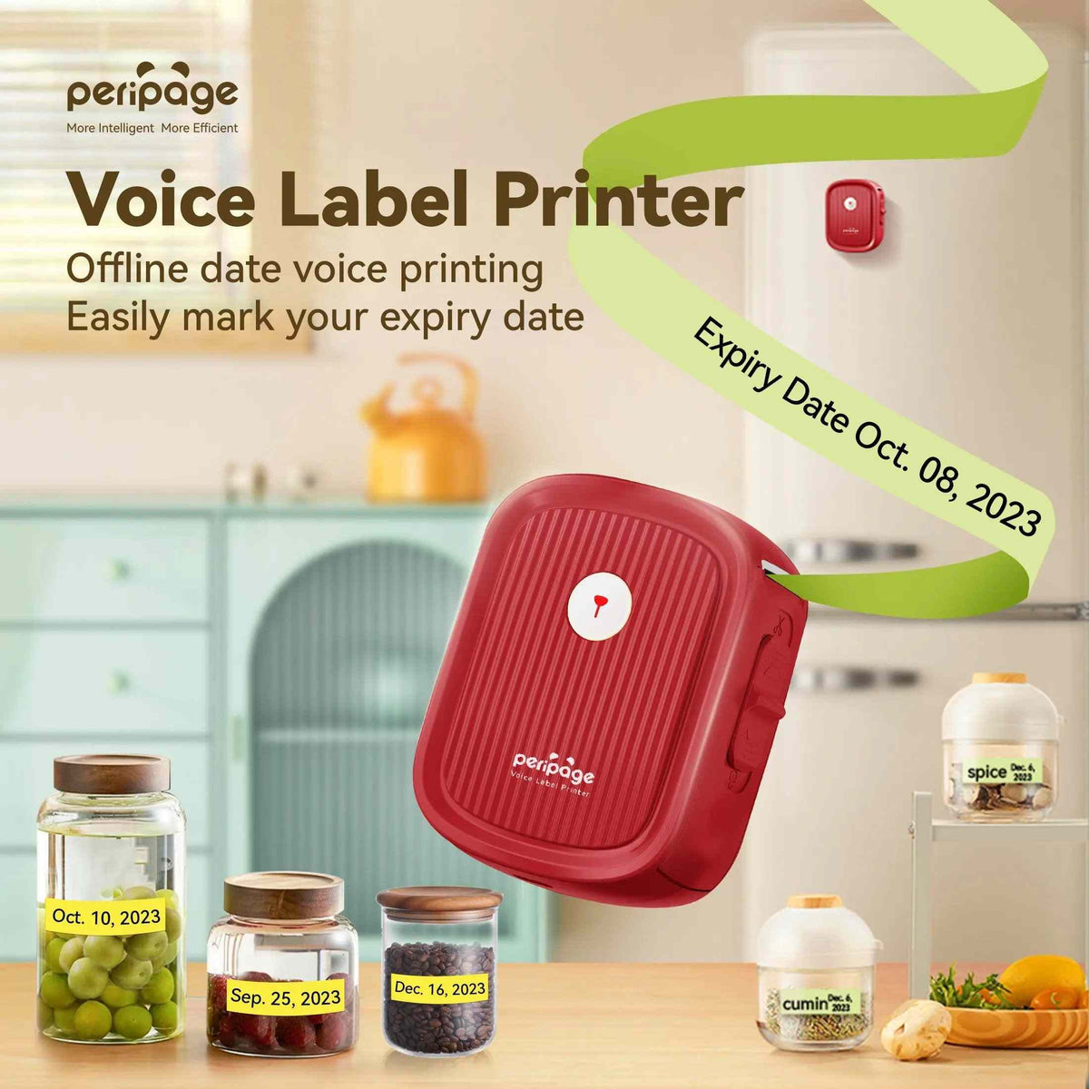 PeriPage P10 Voice Label Printer compact red wireless label maker with textured surface, printing green expiry date label on kitchen jars