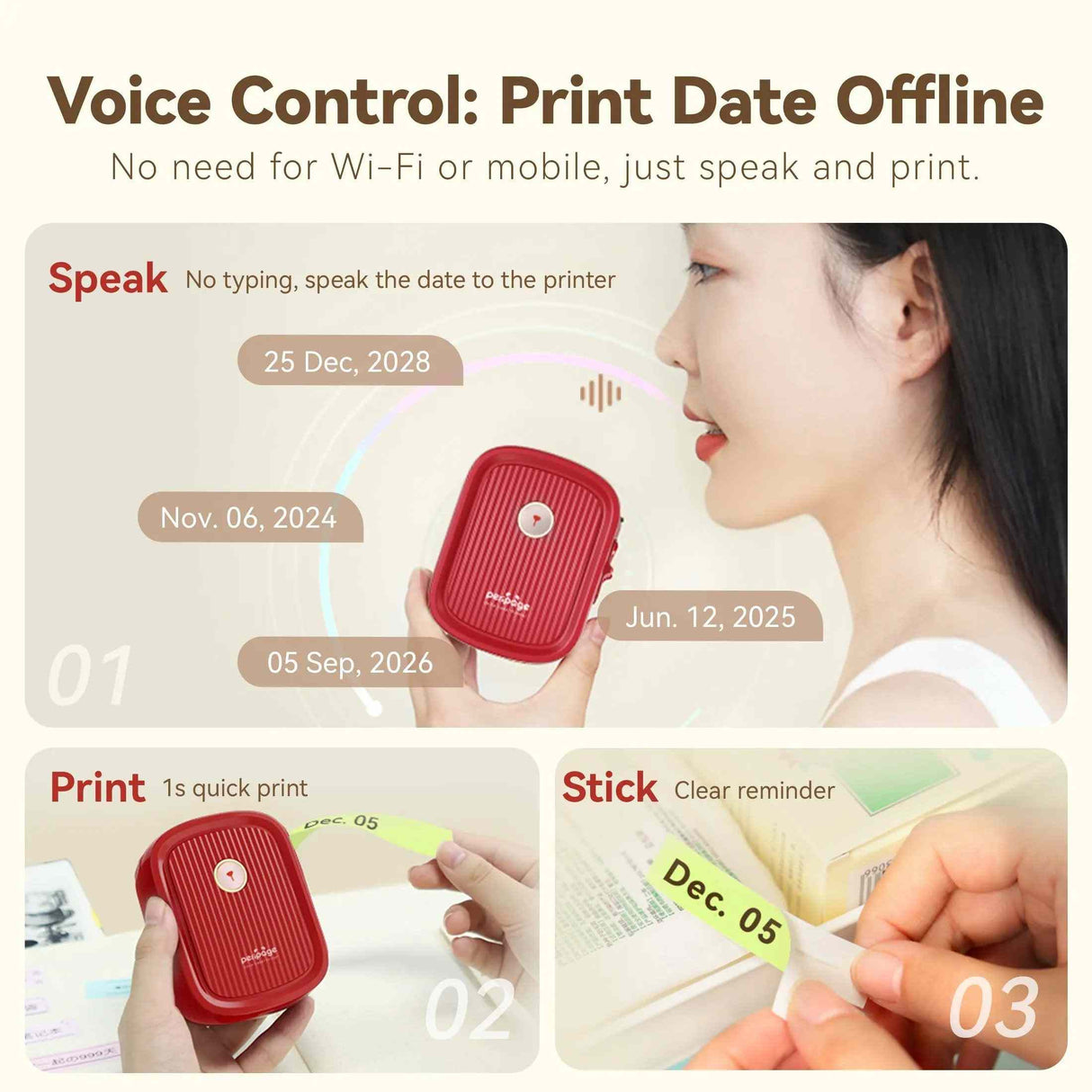 Hands-free printing with the PeriPage P10 Voice Label Printer, supporting smart voice control for quick labeling.