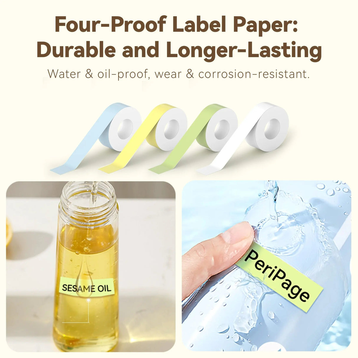 Waterproof and oil-resistant label paper rolls compatible with PeriPage P10, ensuring long-lasting clear prints.