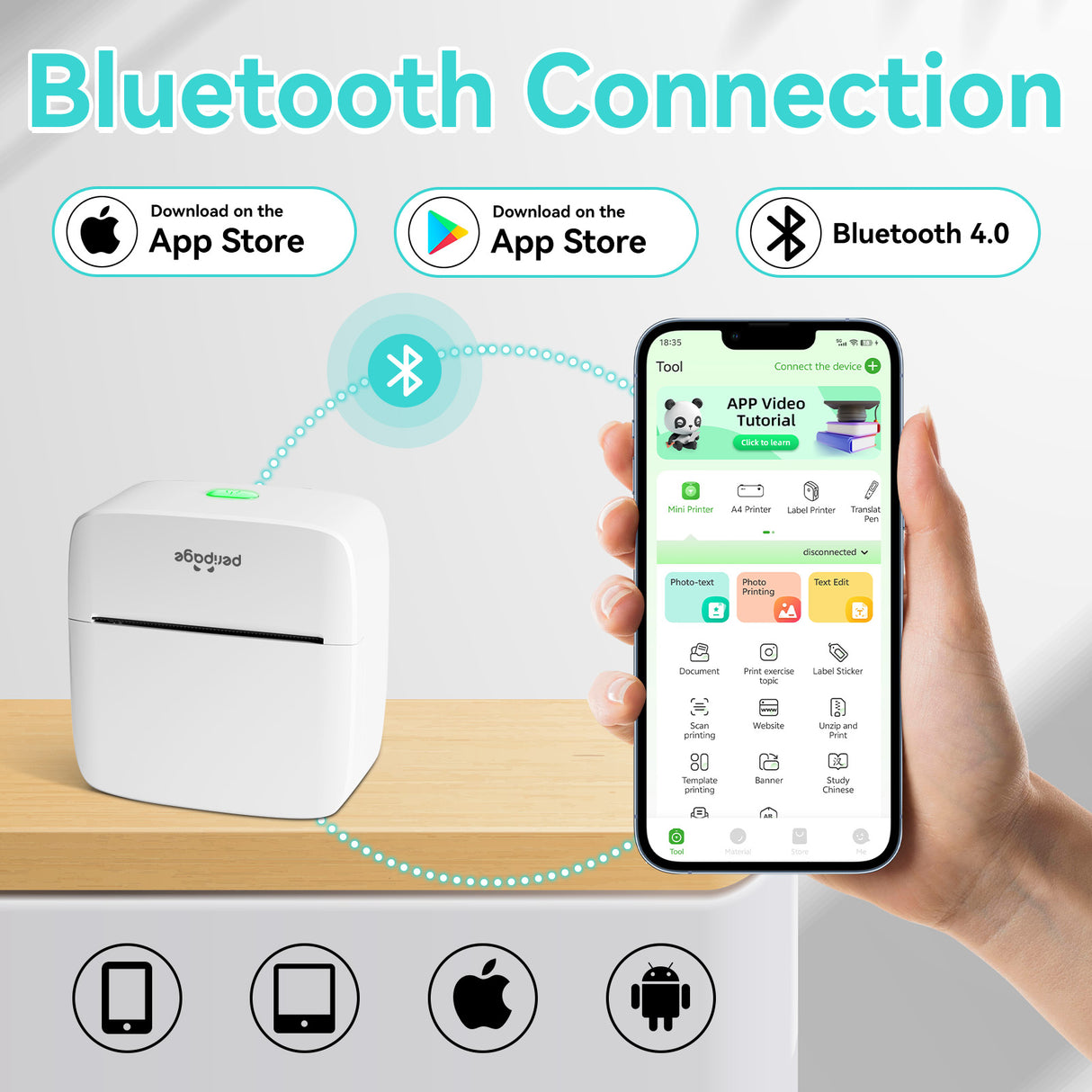 Easy Bluetooth 4.0 connection setup for PeriPage P21 - download the app from App Store or Google Play for seamless wireless printing.
