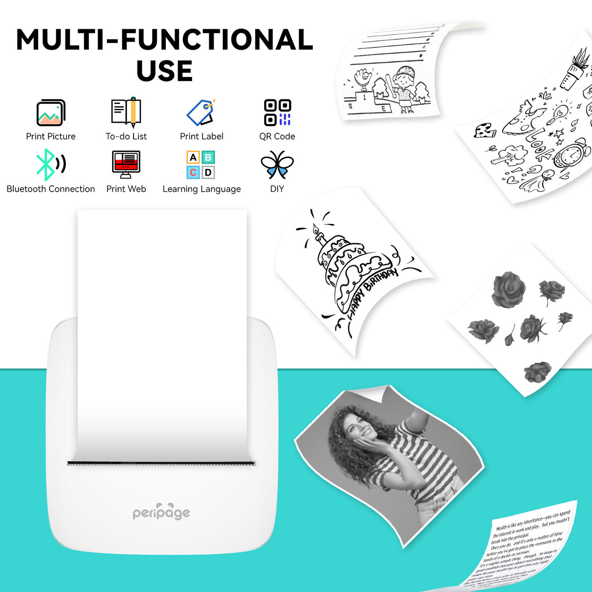Multi-functional PeriPage P21 thermal printer for pictures, to-do lists, labels, QR codes, web content, language learning, and DIY projects via Bluetooth connection.