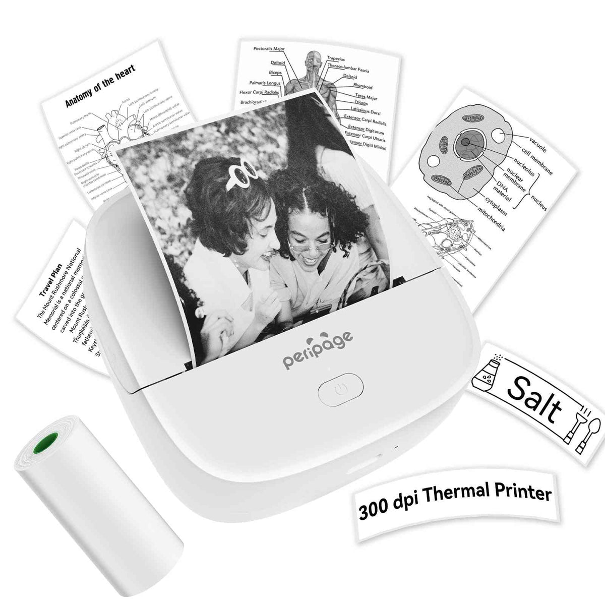 Peripage Portable white compact Bluetooth thermal printer with printed black-and-white photos and text sheets around it, roll of thermal paper included.