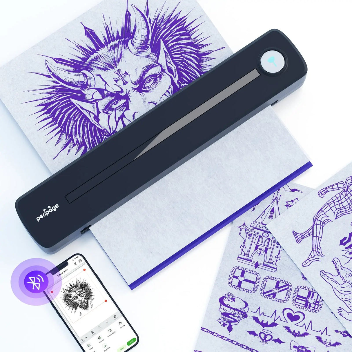 Power your mobile tattoo studio with the PeriPage P91. This wireless, portable thermal printer lets you create and print stencils anywhere with ease.