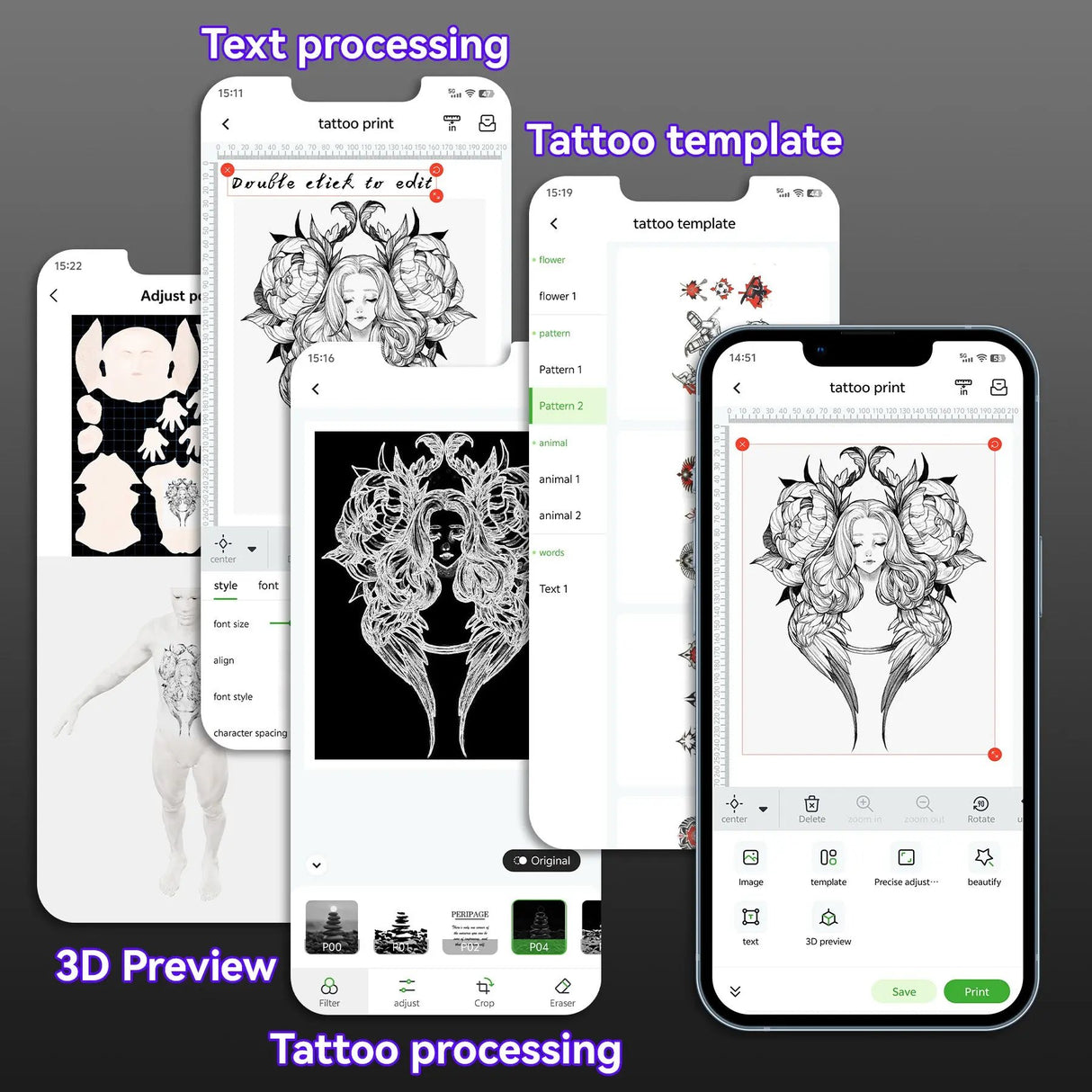 Powerful PeriPage Tattoo App for P92 - Edit Text, Use Template Libraries, and Preview Your Stencil in 3D Before Printing for Perfect Results Every Time.