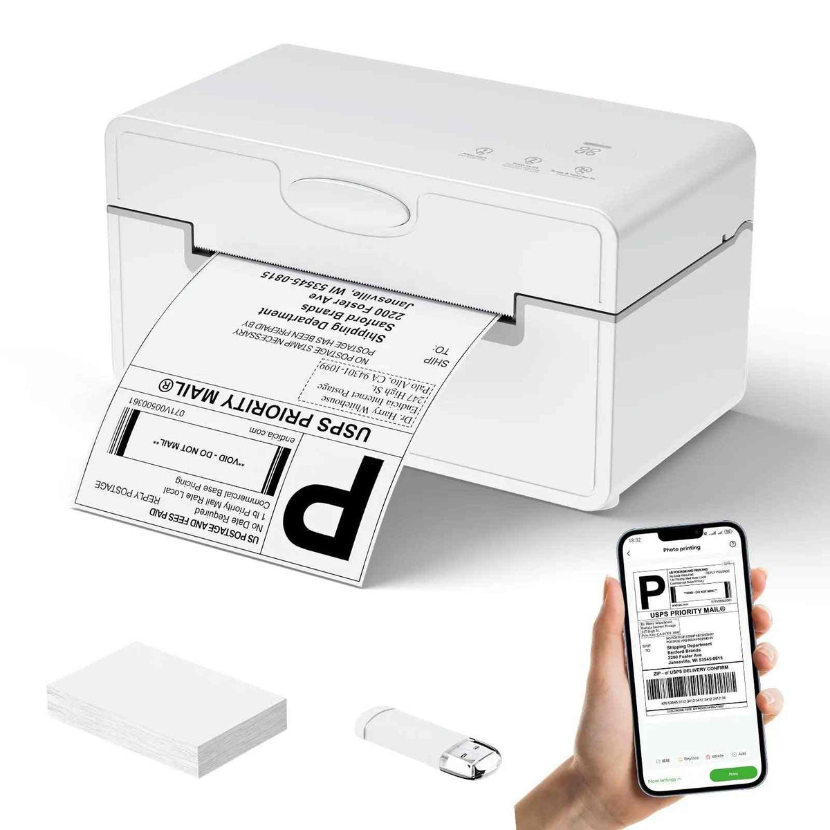 PeriPage PB41 label printer in white with compact design, printing a shipping label from wireless smartphone connection.