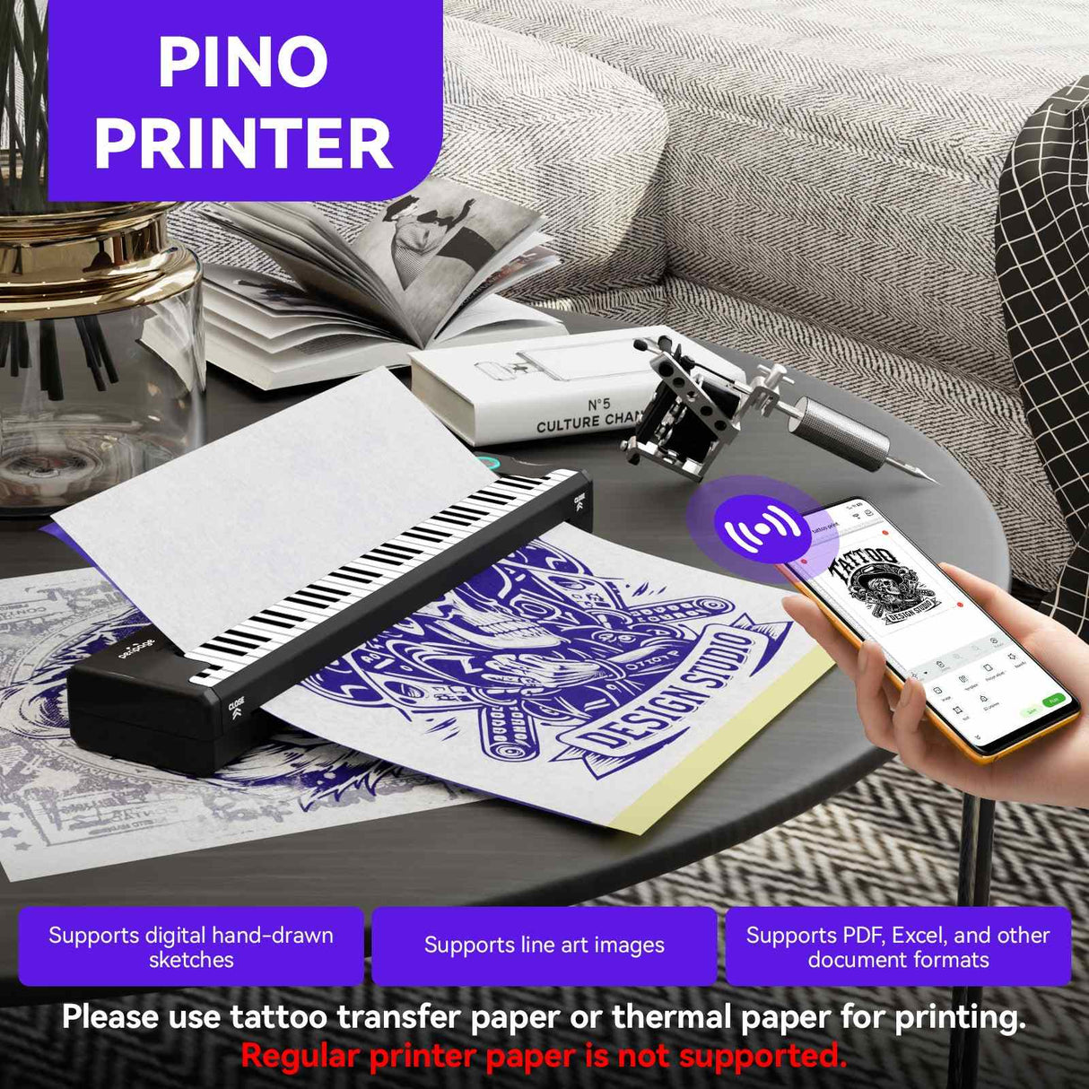 PeriPage Pino tattoo printer supports digital hand-drawn sketches, line art images, and PDF/Excel documents. Requires tattoo transfer or thermal paper.