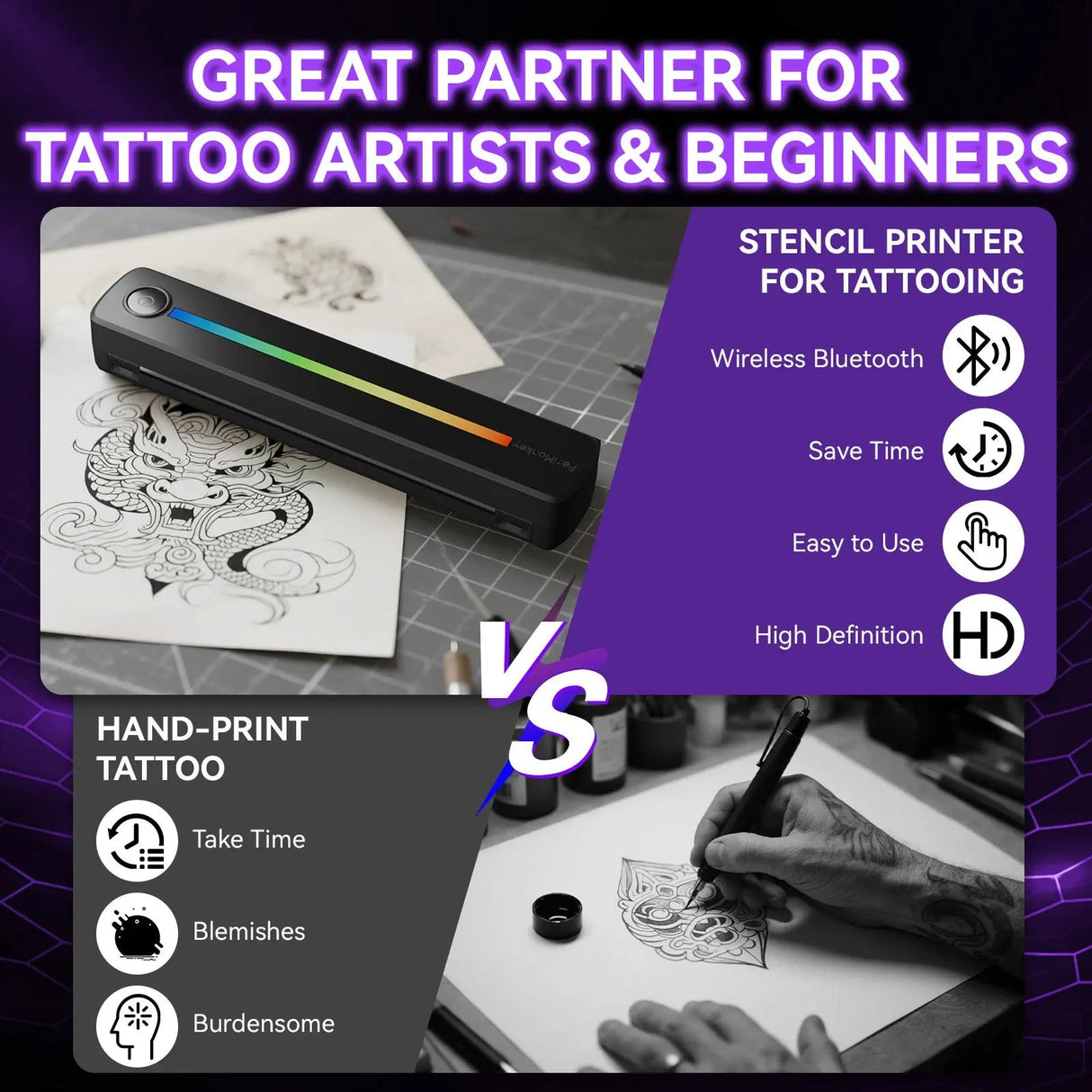 Tattoo stencil printer vs hand-print tattoo, showcasing the time-saving, easy-to-use, and high-definition features of the PeriMonkey stencil printer