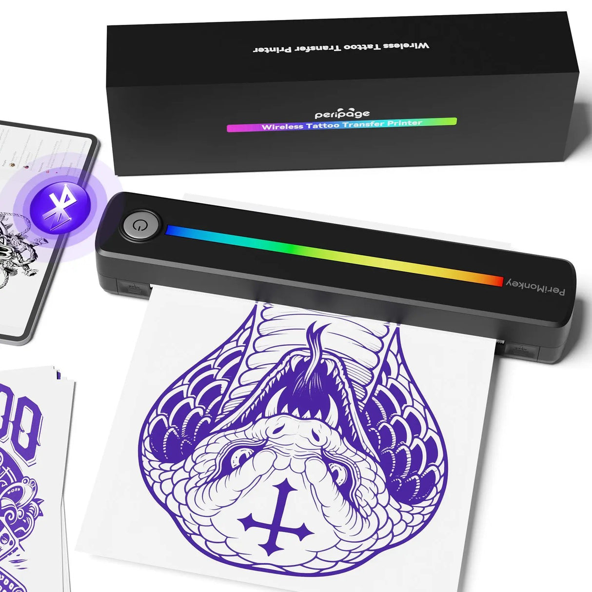 peripage P91s: AI-Powered Tattoo Stencil Printer for Tattoo & DIY enthusiasts, showcasing the 3D preview of a tattoo design being selected and printed in real-time through the app
