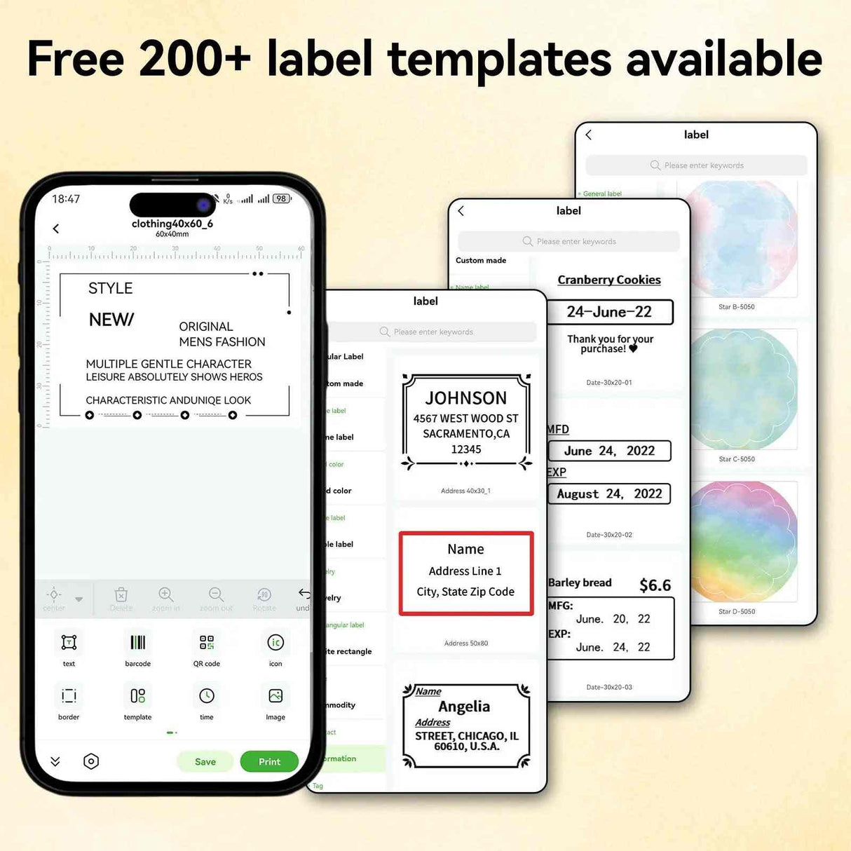 PB20 Bluetooth Label Printer, 2 Inch Portable Picture Thermal Printer, showcasing over 200 label templates available in the app