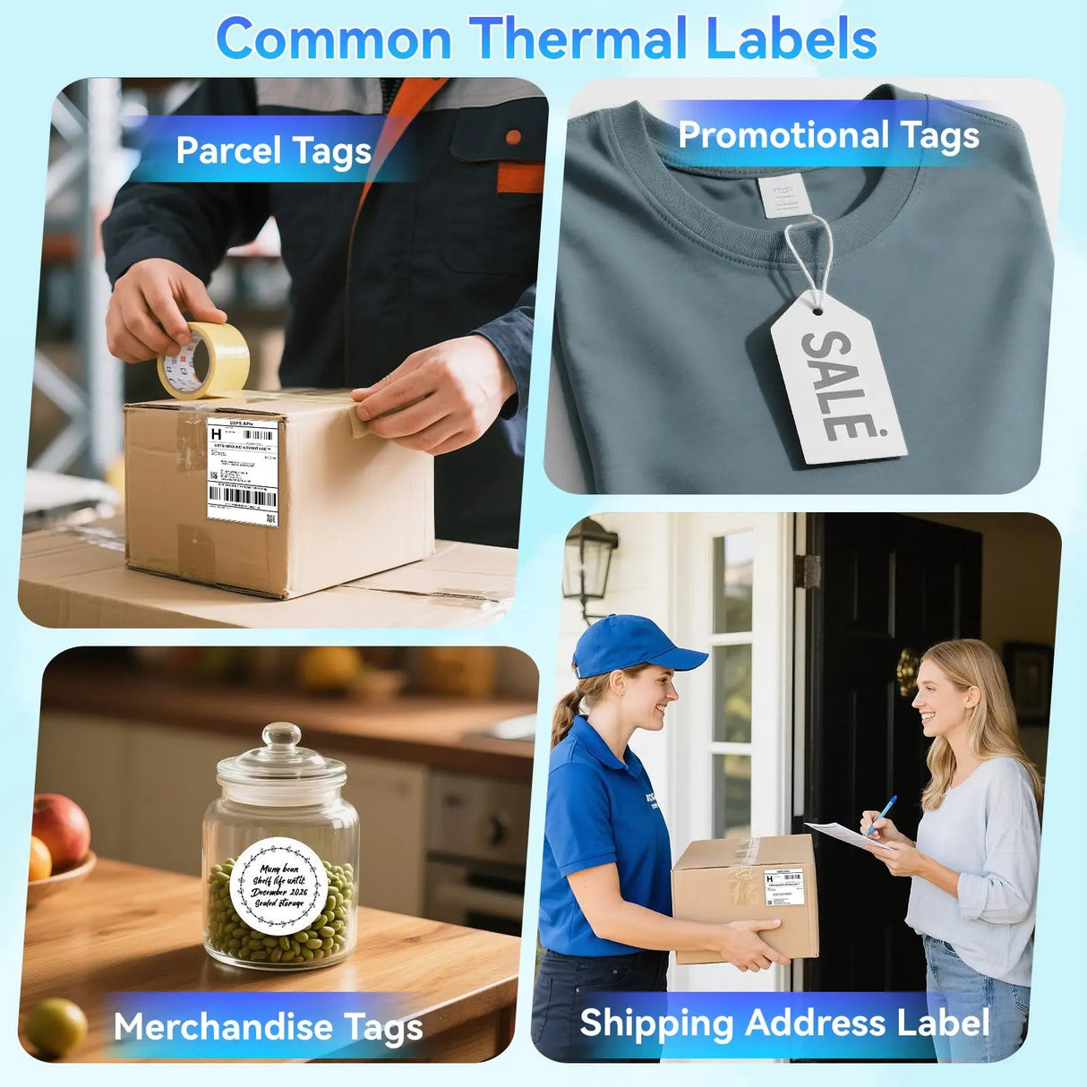 peripage PB40 Shipping Label Printer for Shipping Packages, supporting iPhone, iPad, Android, Windows, and Mac, placed on a desk beside a computer displaying various shipping carrier logos.