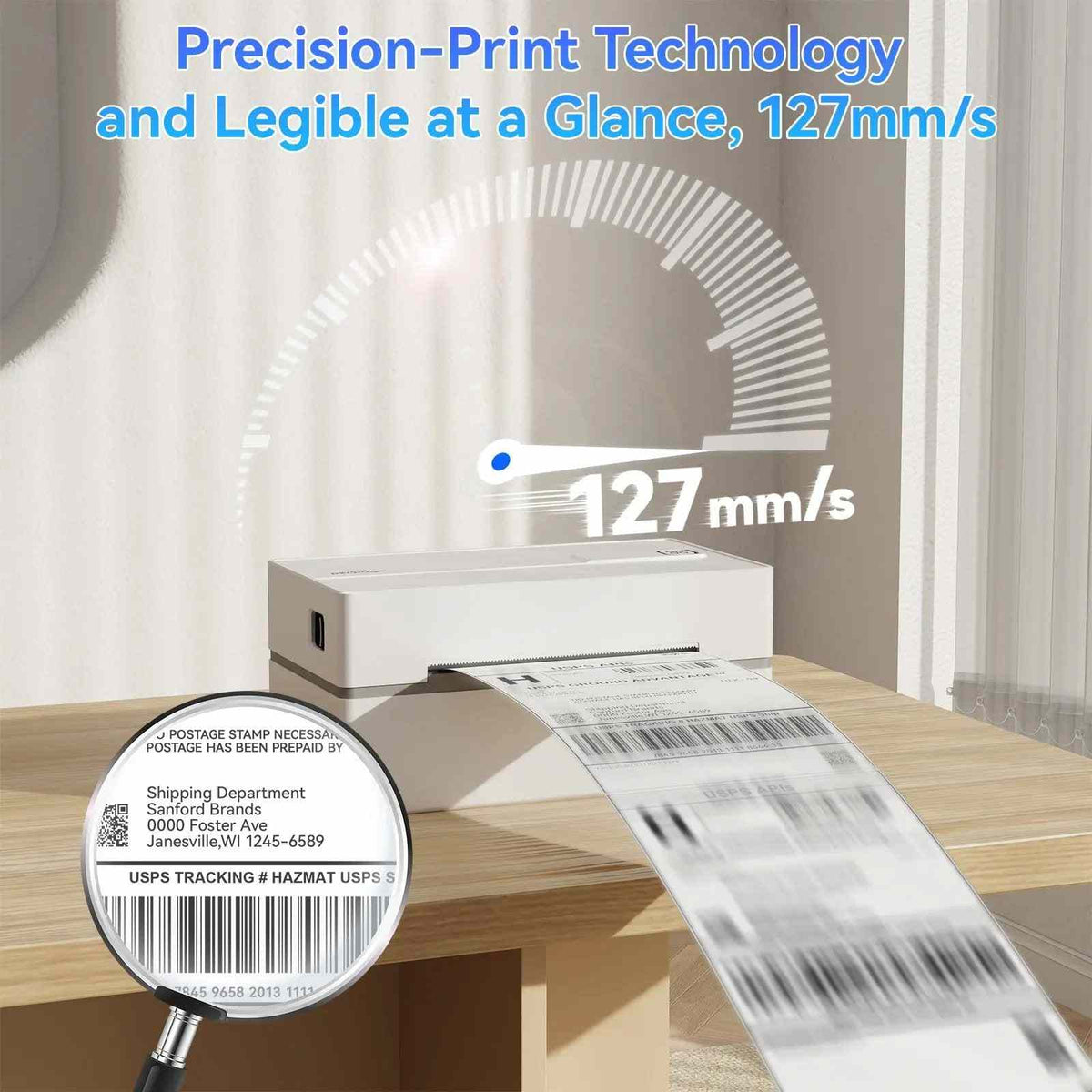 PB 40 Shipping Label Printer in White, supports Bluetooth and USB connections for seamless printing from iPhone, iPad, Android, Windows, and Mac devices. Compact wireless label printer displayed on a table, printing shipping labels next to smartphone, tablet, and laptop.