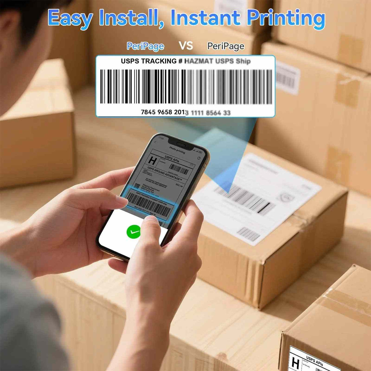 PB40 Shipping Label Printer for Shipping Packages, supporting iPhone, iPad, Android, Windows, and Mac, placed on a desk while printing a shipping label