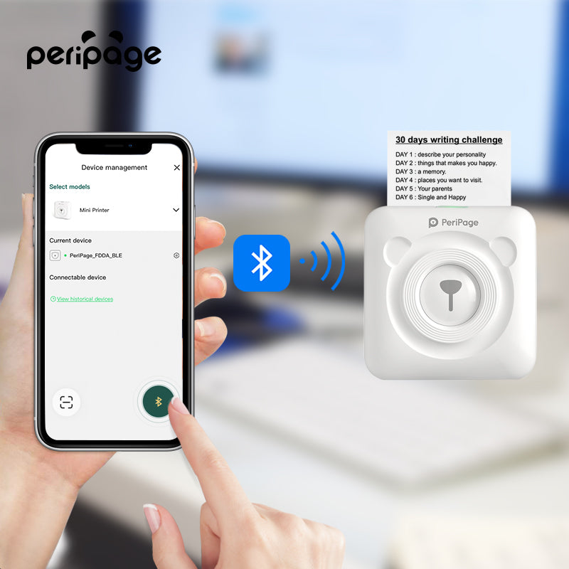 PeriPage A6 mini Bluetooth printer connecting to smartphone app via wireless Bluetooth for easy note and list printing