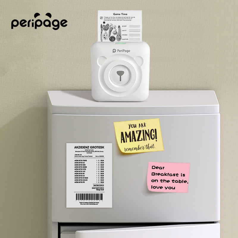 PeriPage A6 mini thermal printer printing notes and lists on a fridge, perfect for home reminders and productivity organization