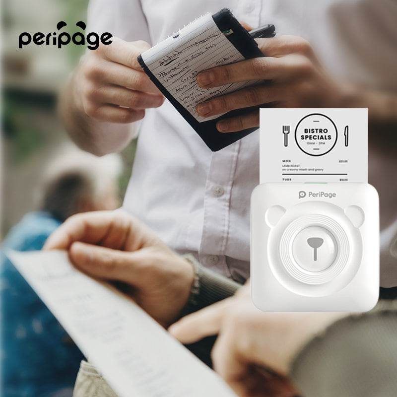 PeriPage A6 mini portable printer used for restaurant receipt and order printing with compact inkless thermal technology