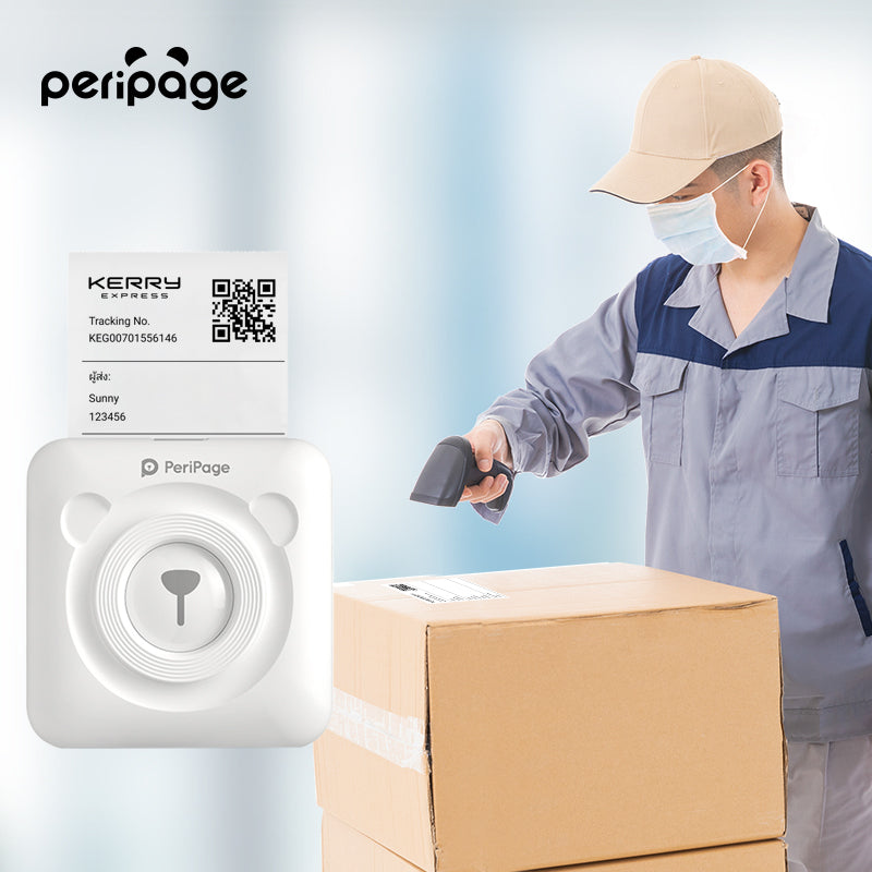 PeriPage A6 mini thermal printer printing shipping labels for packages, ideal for e-commerce and logistics use