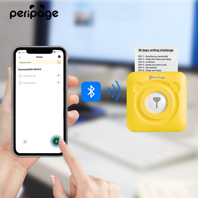 PeriPage 2" A6 Mini Printer being connected via Bluetooth on a mobile phone, showcasing its wireless printing capability for a "30 days writing challenge" printout