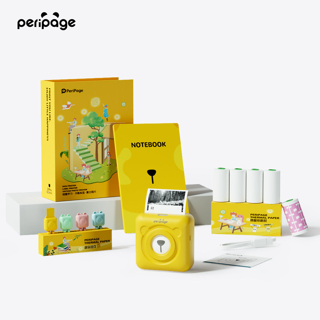 PeriPage 2" A6 Mini Printer Gift Box, featuring a yellow mini printer and accessories such as thermal paper rolls, stickers, and a notebook
