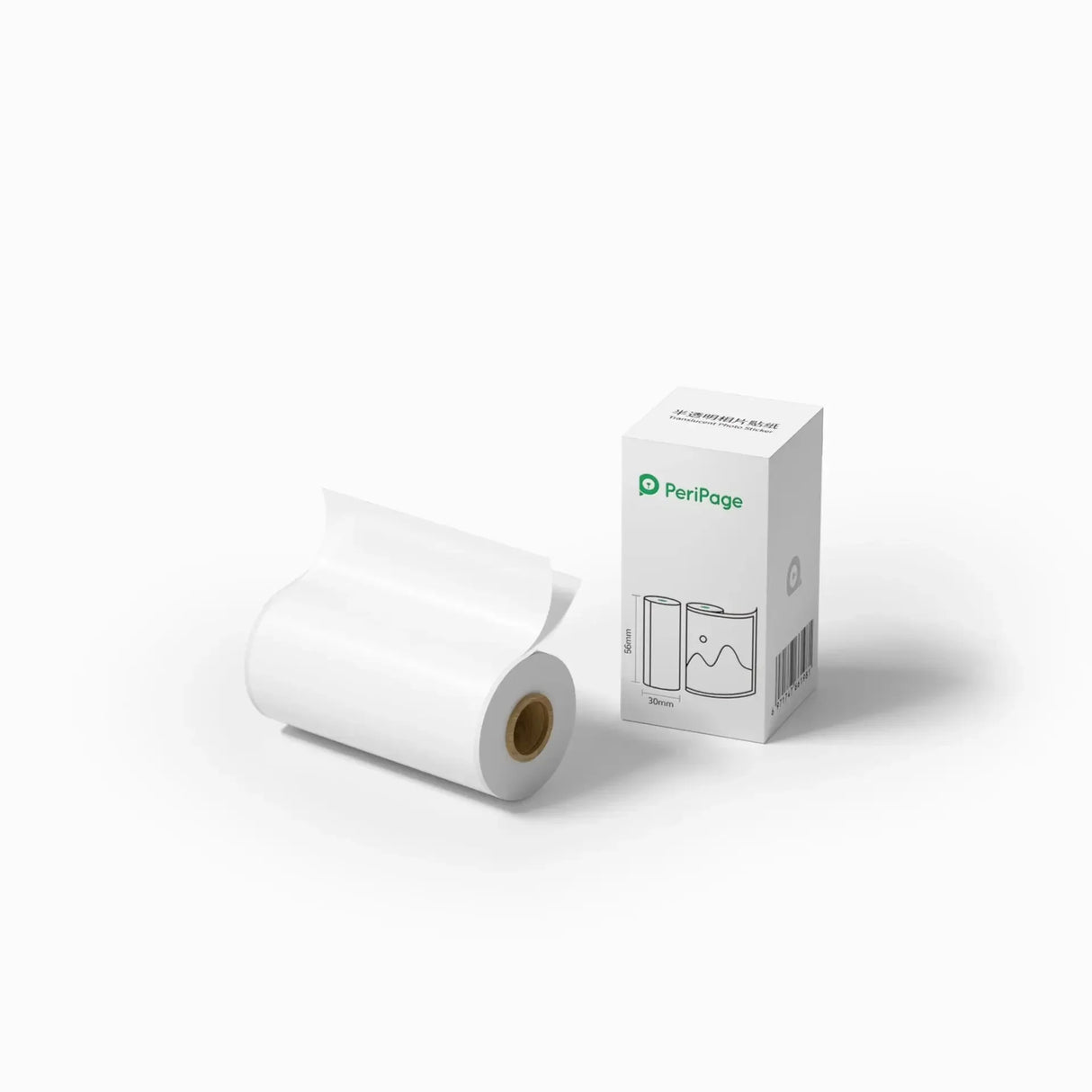 PeriPage A6 56×30mm Translucent Paper Roll with a box on the side, showcasing a single roll