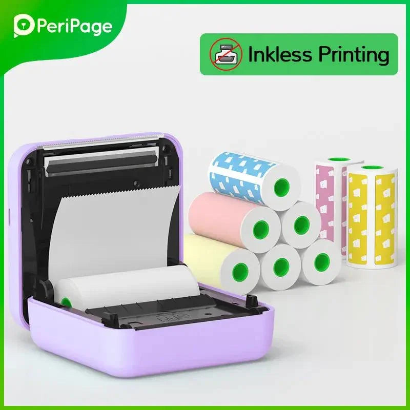 PeriPage A6 Mini Printer in purple printing fun and motivational quotes for display. A versatile mini printer for personal and home decor needs with easy Bluetooth connection