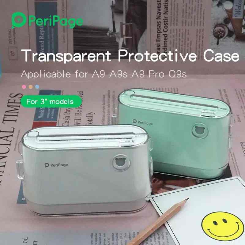 PeriPage A9 Series transparent protective cases for 3-inch printers in white and mint green colors on a newspaper background