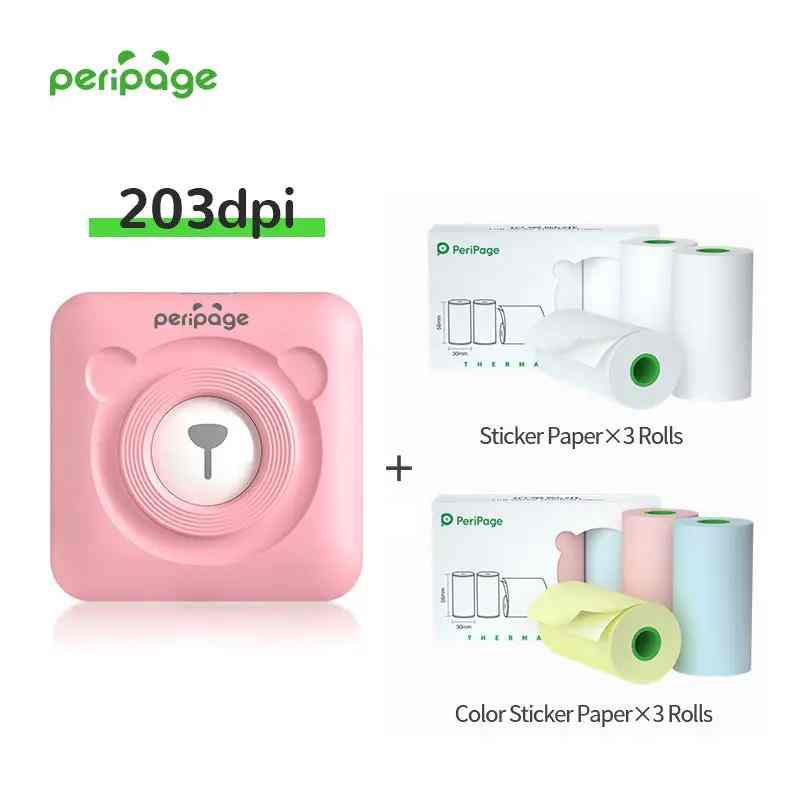 PeriPage Pink 203dpi Mini Sticker Printer with 3 Rolls Sticker Paper and 3 Rolls Color Sticker Paper, Compact Bluetooth Label Printer