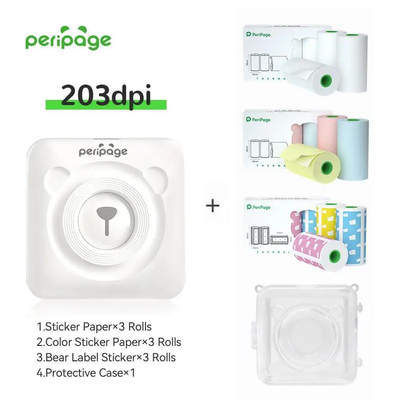 PeriPage White 203dpi Bluetooth Thermal Printer Full Set with Sticker Paper, Color Sticker Paper, Bear Label Stickers and Protective Case