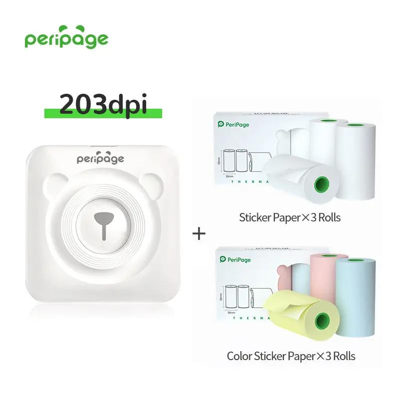 PeriPage White Mini Sticker Printer 203dpi with 3 Rolls Sticker Paper and 3 Rolls Color Sticker Paper, Compact Bluetooth Label Printer