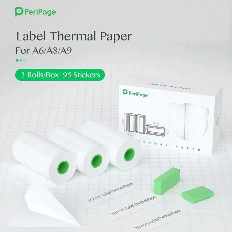 PeriPage A6 30mm label thermal paper rolls box with 3 rolls and 95 stickers compatible with A6 A8 A9 printers